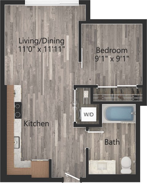 Floor plan for 1 bed, 1 bath, 551 sqft